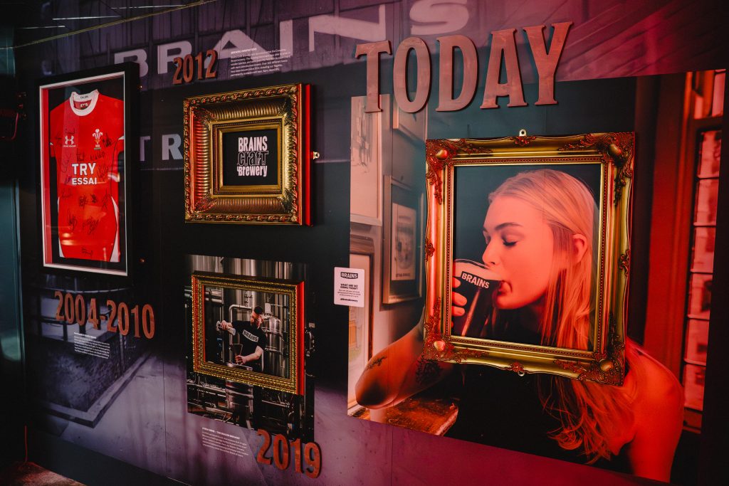 Brand wall of history of Brains Brewery at The Old Brewery Cardiff
